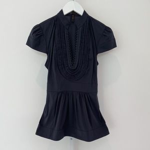 BCBG NAVY BLUE COTTON CAP SLEEVE BELTED COTTON TOP SMALL